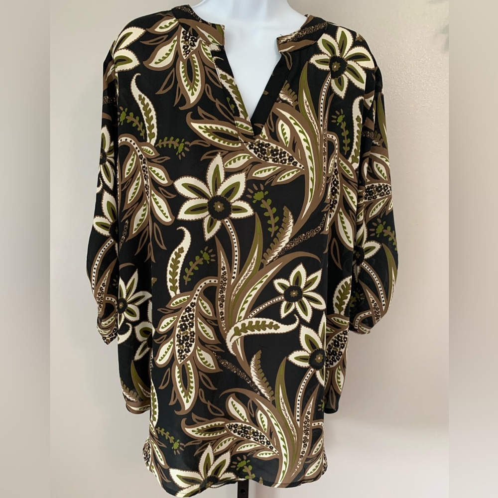 Cato Black With Tan, White and Green Floral Blouse